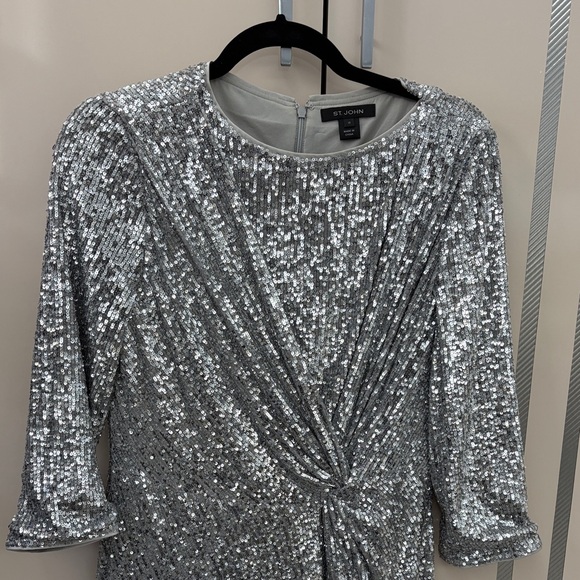 st john silver dress St. John Knits 2Pc Crystal Jacket & Dress Suit in Silver